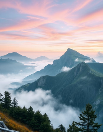 Mountain landscape with clouds and fog in the valley at sunrise.