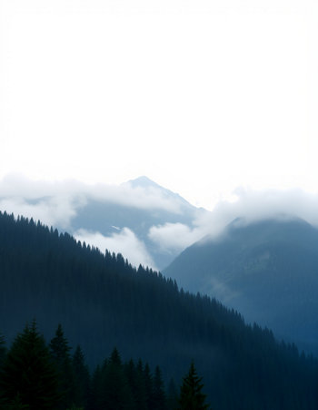 Mountain landscape with fog and coniferous forest in the foregroundの写真素材