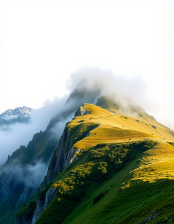 Mountain landscape with clouds and fog. Caucasus Mountains, Georgia.