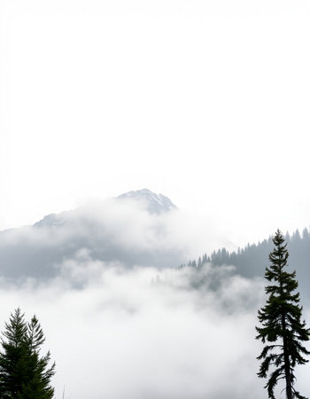 Fog in the mountains with coniferous trees in the foreground