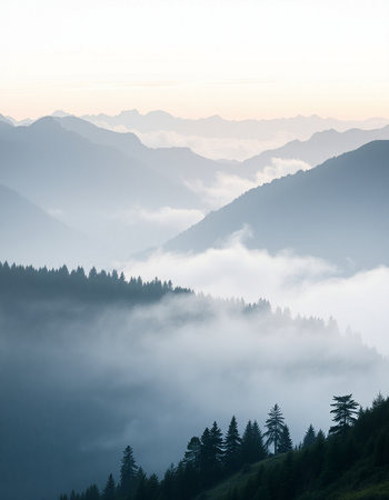 Foggy morning in the Carpathian mountains, Ukraine.の写真素材