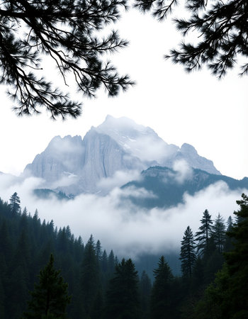 Mountain landscape with fog and coniferous forest in the foreground