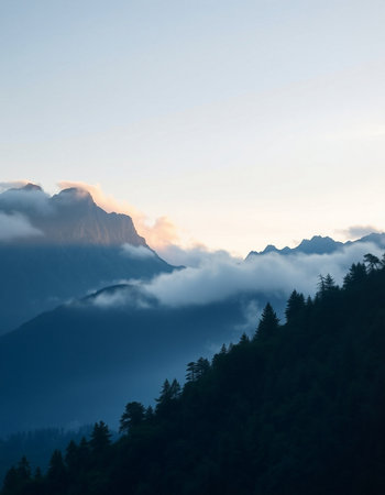 Mountain landscape with fog in the morning.の写真素材