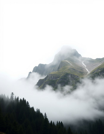 mountains in mist and fog in the italian alps in summerの写真素材