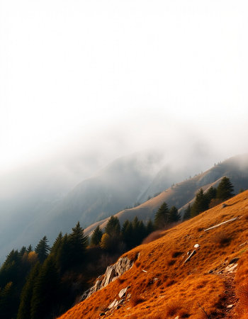 mountain landscape with fog in the morning. Carpathian, Ukraineの写真素材