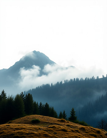 Foggy mountain landscape with coniferous forest on hillside