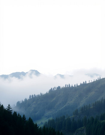 Fog in the mountains. Landscape of coniferous forest.