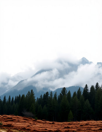 Mountain landscape with fog and coniferous forest in the foregroundの写真素材