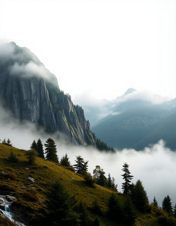 Mountain landscape with fog and cloudsの写真素材
