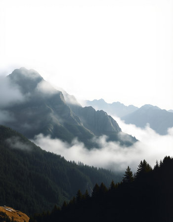 foggy mountain landscape in the Dolomites, Italy.