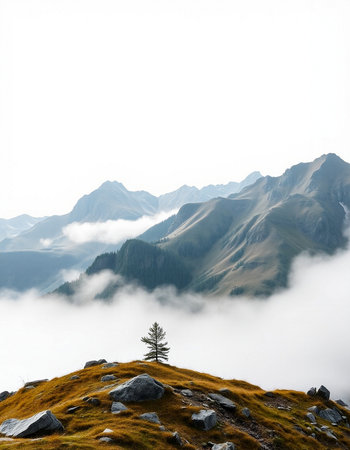 Foggy mountain landscape with a lonely pine tree in the foreground