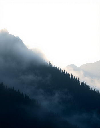 Silhouette of coniferous forest on the mountain slope.