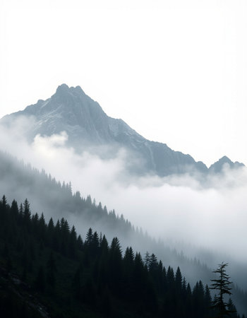 Foggy mountain landscape with coniferous forest on a foggy day