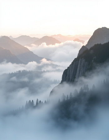 Foggy sunrise in the mountains, Dolomites, Italyの写真素材