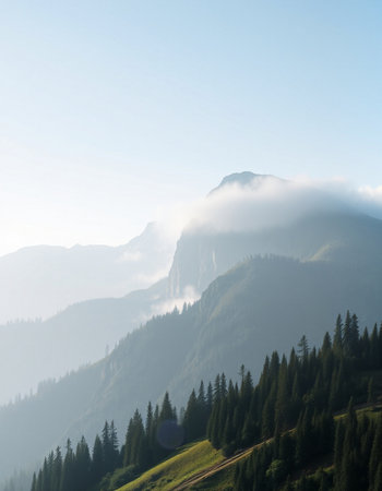 Mountain landscape with coniferous forest and fog in the morning