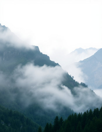 Mountain landscape in the clouds. Caucasus, Dombay.の写真素材