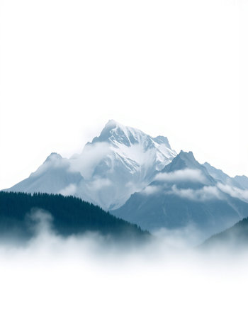 Mountains in the clouds. Snowy peaks of the mountains.