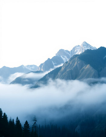 Mountain landscape with fog in Himalayas, Uttarakhand, Indiaの写真素材