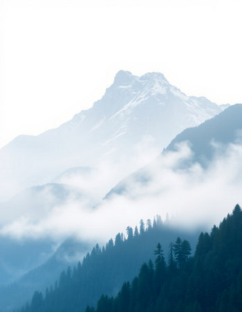 Mountain landscape with fog and coniferous forest in the foreground