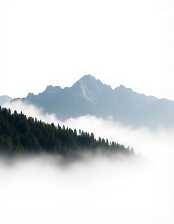 Mountain landscape with fog and trees in the foreground, Switzerland.