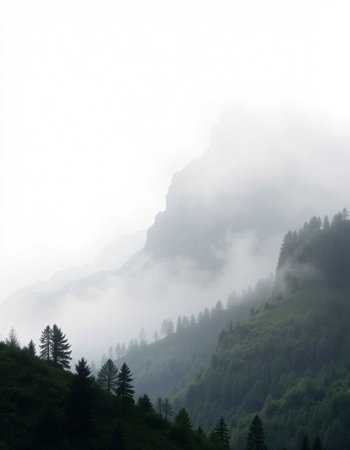 Foggy mountain landscape with coniferous forest in the foregroundの写真素材