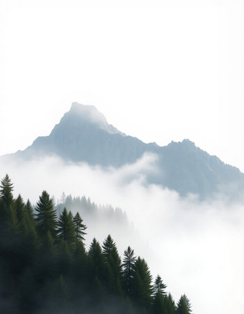 Foggy mountain landscape with coniferous trees in the foreground
