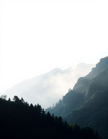 Mountain landscape with fog in the morning. Caucasus Mountains, Georgia.