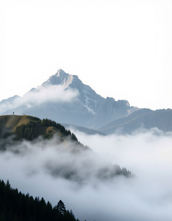 Mountain landscape with fog and clouds.