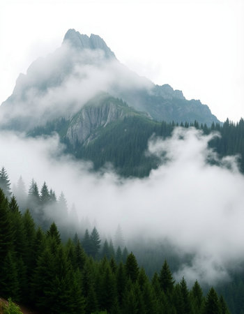 Mountain landscape with coniferous forest and high peaks in fog