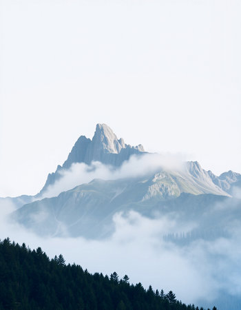 Mountain landscape with fog and cloudsの写真素材