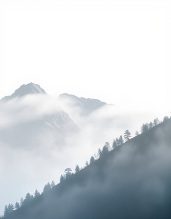 Mountain landscape with clouds and fog on the top of the mountainの写真素材