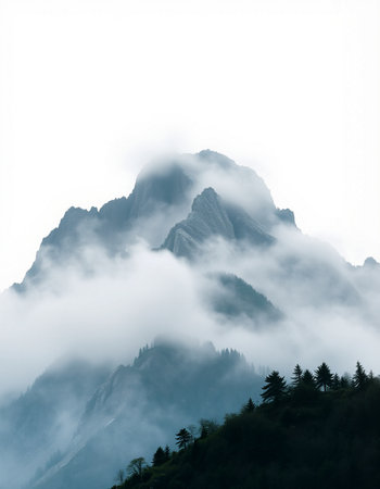 Mountain landscape with fog and clouds. Caucasus Mountains, Georgia.
