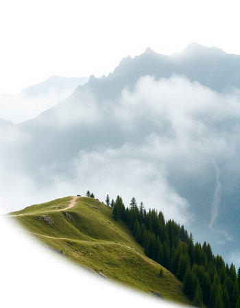 Mountain landscape with coniferous forest in the morning mist.