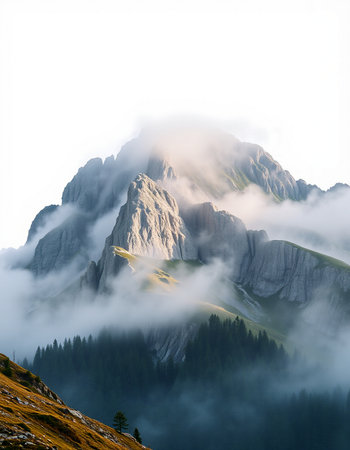 Foggy summer mountain landscape. Dolomites, Italy.の写真素材
