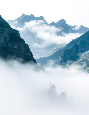 Mountain landscape with fog and clouds in the foreground, Switzerland.