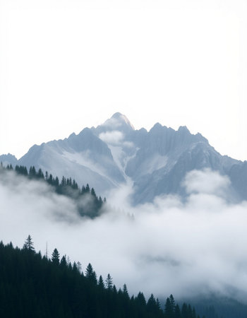 Mountain landscape with fog and clouds.