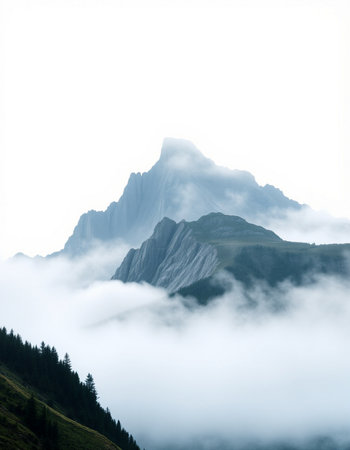 Mountain landscape with clouds and fog.