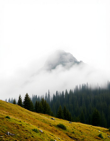 Foggy mountain landscape in the Carpathian Mountains, Ukraine