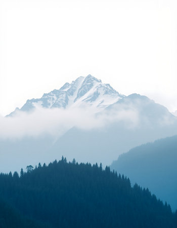 Mountain landscape with snow covered peaks and coniferous forest.