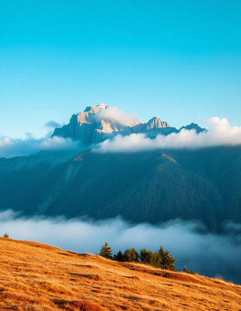 Mountain landscape with fog in the morning. Dolomites, Italyの写真素材