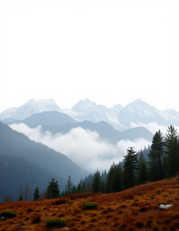 Mountain landscape with fog and coniferous forest in the foregroundの写真素材