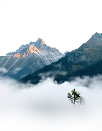 Mountain landscape with a lonely pine tree on a foggy morningの写真素材