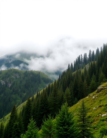 Mountain landscape with coniferous forest and foggy clouds.の写真素材