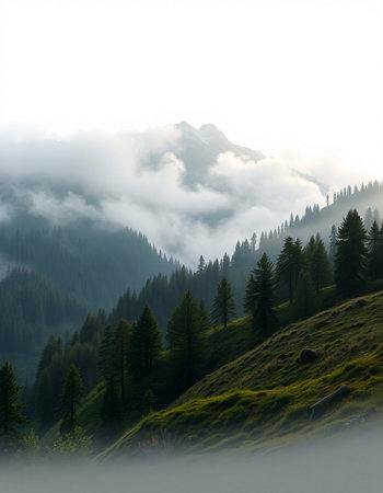 Mountain landscape with fog in the morning. Carpathians, Ukraine