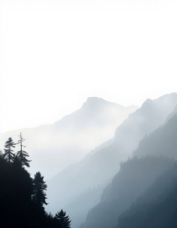 Mountains in the mist in the Himalayas, Nepal.