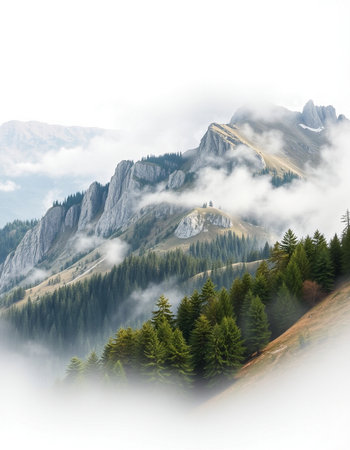 Foggy morning in Dolomites mountains, Italy. Summer landscape.