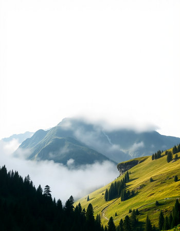 Mountain landscape with fog and clouds on a sunny summer day.の写真素材