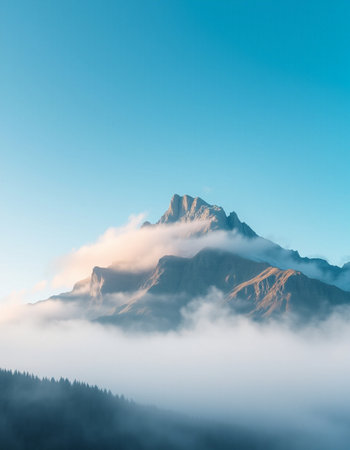 Mountain landscape with fog in the morning. Caucasus, Georgia.の写真素材