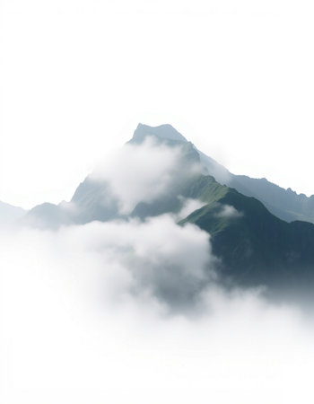 Mountains in the fog on a white background. View from the top.の写真素材