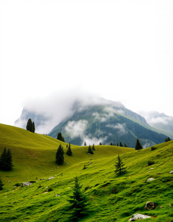 Mountain landscape with fog and clouds. Caucasus Mountains, Georgia.